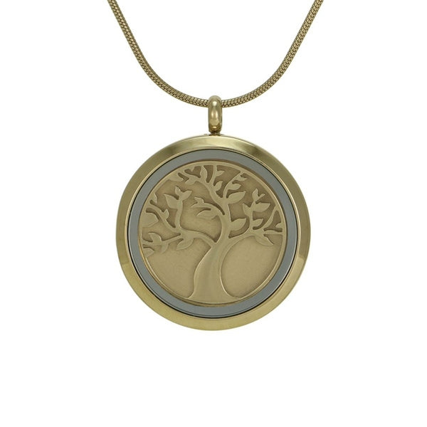 Round bronze tree pendant with chain, memorial keepsake symbolizing family and heritage.