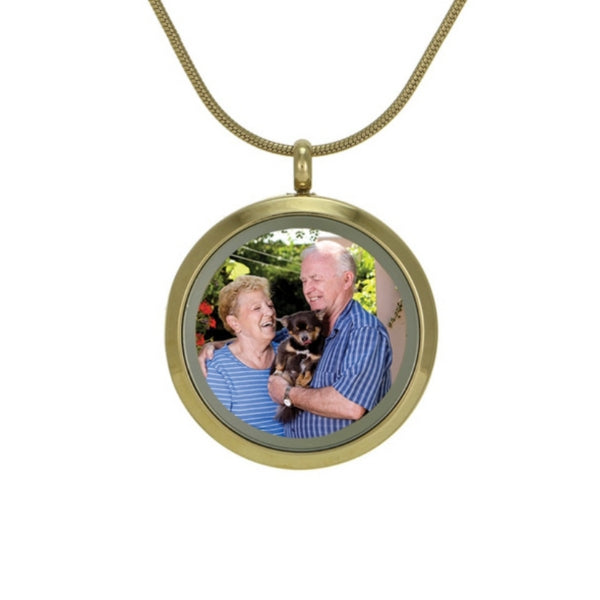 Bronze round hinged locket with photo glass insert, memorial keepsake.