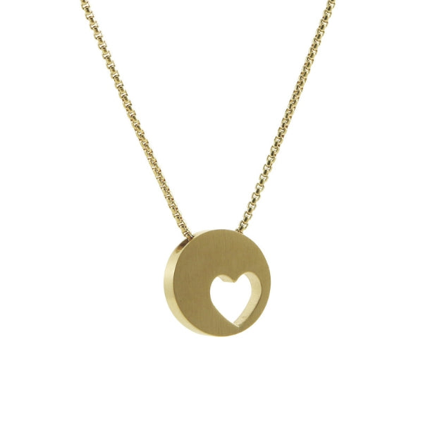 The Bronze Eternity Heart Memorial Necklace, available at Magnolia Cremations, is a modern and elegant pendant designed to hold a small portion of ashes. Crafted from gold-tone stainless steel, the circular pendant features an off-centered heart cutout, symbolizing eternal love and remembrance. The piece comes with a matching 21-inch chain and offers the option for engraving, making it a meaningful and personal tribute.