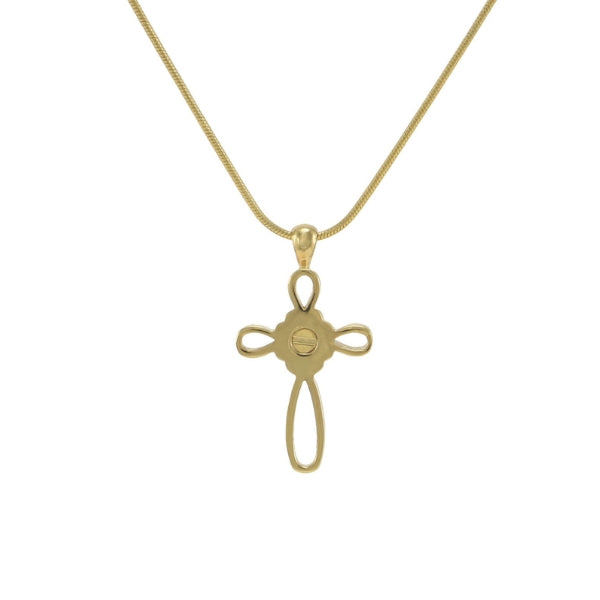 The Bronze Infinity Cross Memorial Necklace, available at Magnolia Cremations, is shown from the back, revealing a small screw compartment designed to securely hold a small portion of ashes. This gold-tone stainless steel pendant features an elegant infinity cross design and comes with a matching 19-inch chain.