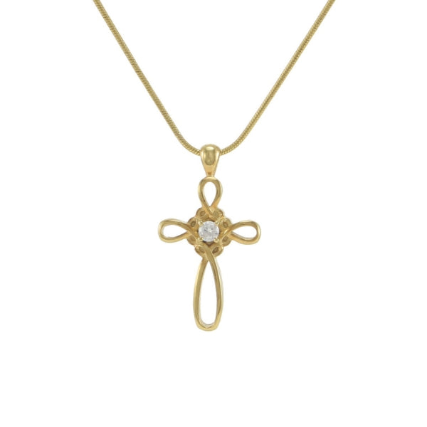 The Bronze Infinity Cross Memorial Necklace, available at Magnolia Cremations, is a gold-tone stainless steel pendant featuring an elegant infinity cross design with a central cubic zirconia accent. Designed to hold a small portion of ashes, this memorial piece offers a meaningful way to keep a loved one close. The pendant comes with a matching 19-inch chain.