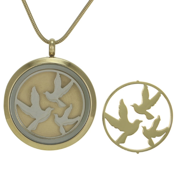 The Bronze Round Birds Pendant Necklace, available at Magnolia Cremations, features a gold-tone stainless steel round pendant accented by silver and gold-tone bird inserts. Designed to hold a small portion of cremated remains, this elegant necklace comes with a matching 19-inch chain and offers optional personalized engraving.