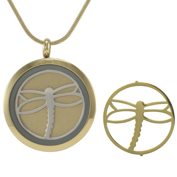 The Bronze Round Dragonfly Pendant Necklace, available at Magnolia Cremations, is crafted in gold-tone stainless steel featuring graceful silver-tone dragonfly inserts. Designed to securely hold ashes, engraving personalization is available.