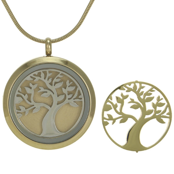 Bronze Round Tree Pendant Necklace, available at Magnolia Cremations, crafted in gold-tone stainless steel featuring delicate silver and gold-tone tree inserts. Securely holds ashes with optional engraving personalization.