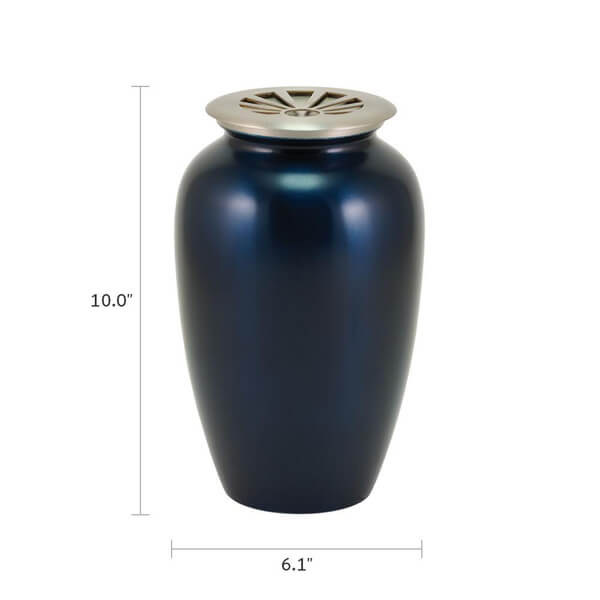 A dark blue scattering urn with a brushed metal lid, shown against a white background with measurements. The urn is 10.0 inches tall and 6.1 inches wide. The lid features a sunray cut-out design.
