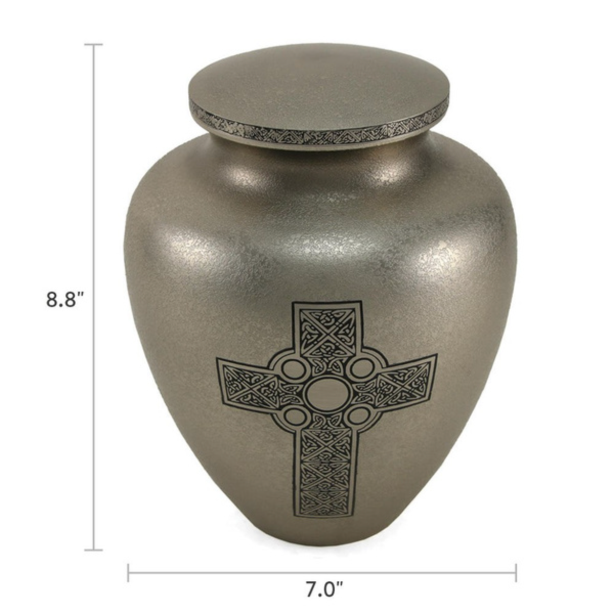 Handcrafted Celtic Cross Urn. This full-size urn is made with high-quality materials and features an intricately designed Celtic cross. It offers a timeless and elegant way to commemorate a loved one.