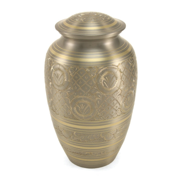 Full-size brass cremation urn with a classic design and a sleek platinum finish. Classic Platinum by Terrybear.