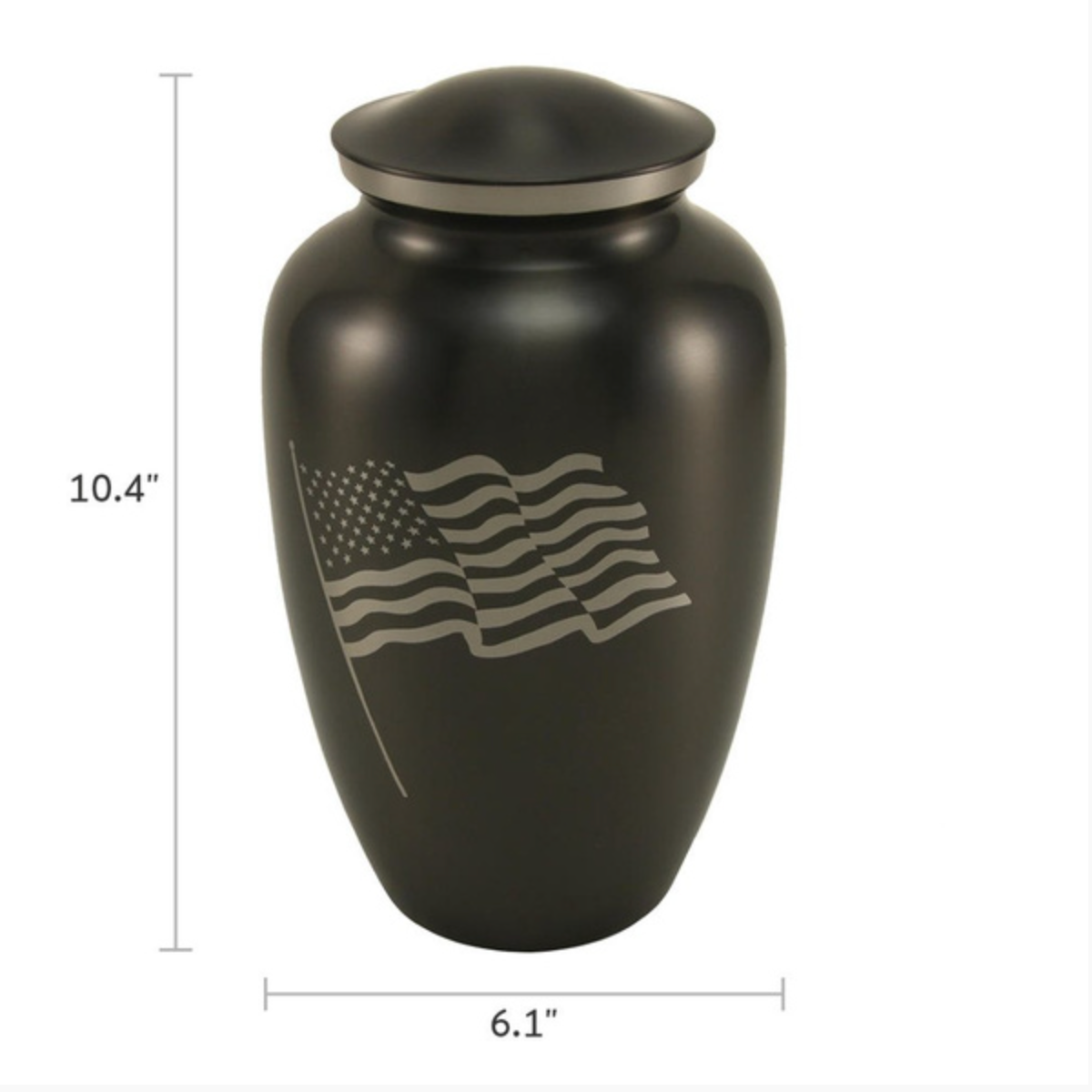 American Flag Urn. This full-size urn is crafted with care and features a detailed American flag design. It offers a respectful and patriotic way to commemorate a loved one who served their country or cherished their nation.