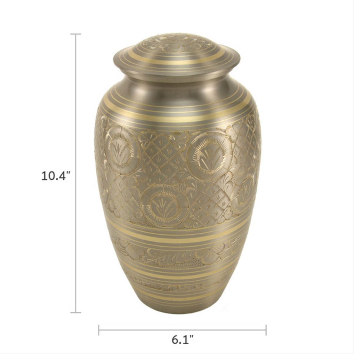 Elegant cremation urn with a platinum finish. This full-size urn honors a loved one's memory with its timeless design and sophisticated platinum finish. A beautiful tribute to cherish their legacy.