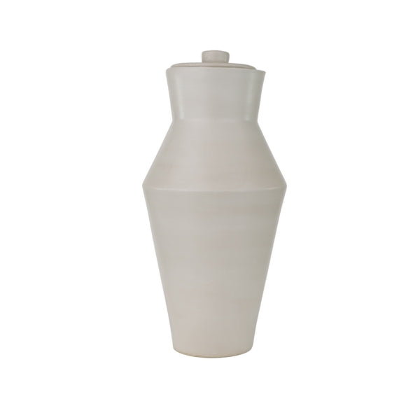 Tall, slender urn with a smooth beige finish and subtle Art Deco details.