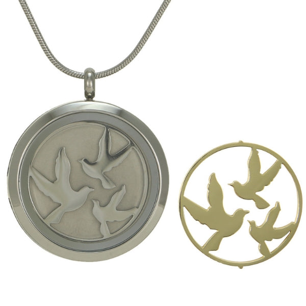 Round pendant with a pewter finish and a bird design, designed to hold a small amount of ashes. Includes a chain.