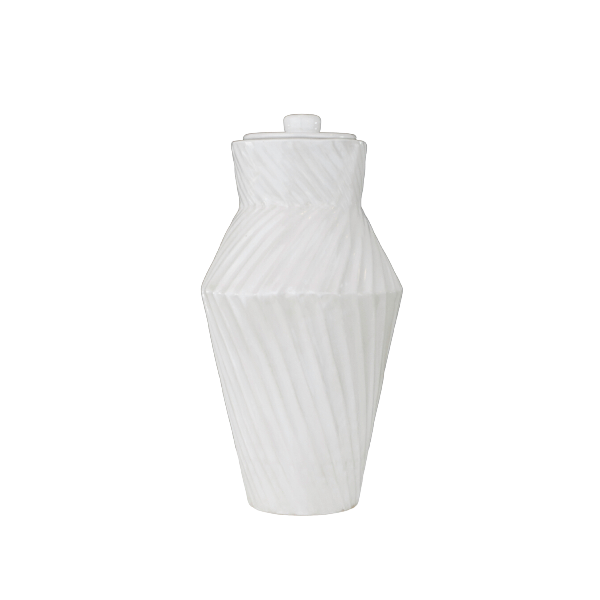 The Deco Twist Cloud Ceramic Urn by Stoneware & Co., designed exclusively for Magnolia Cremations. This handcrafted urn in calming cloud white features an Art Deco-inspired twisted groove pattern, adding a modern and elegant touch. A serene tribute, suitable for individuals weighing up to 210 lbs.