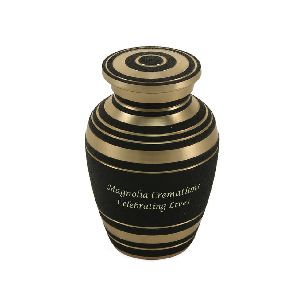 Onyx Black Keepsake Urn. This miniature urn is made with high-quality materials and features a striking black and gold design. It offers a timeless and elegant way to keep a loved one's memory close.