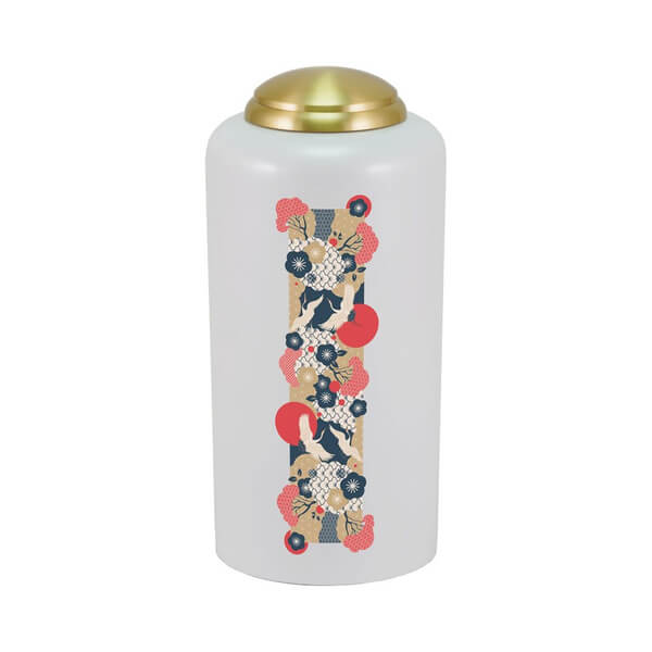 White cremation urn with a gold lid, featuring a vertical Japanese-style design of white cranes, red sun motifs, and floral patterns in red, navy blue, cream, and gold.