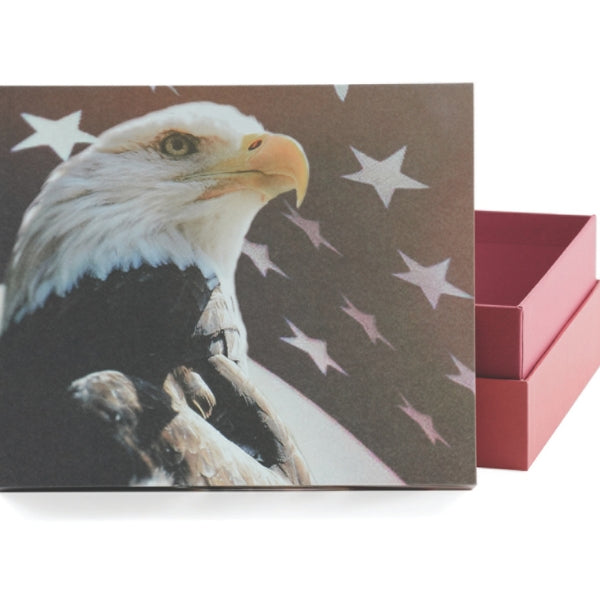 A close-up of an eco-friendly memorial urn with a bold eagle and American flag design. The urn's lid, featuring the detailed eagle image, is slightly lifted to reveal the red base beneath it. The background consists of a soft, neutral surface.