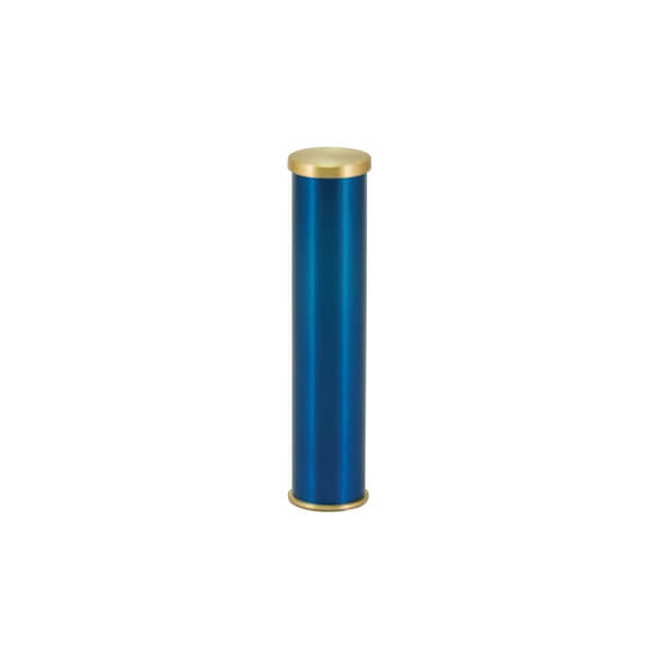 A tall, cylindrical scattering urn with a metallic blue body and gold-colored caps on the top and bottom, designed for holding and dispersing cremated ashes.