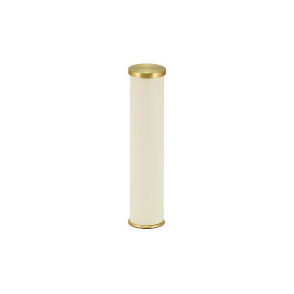 A cylindrical scattering keepsake urn with a smooth cream-colored body and metallic gold-colored top and bottom caps.