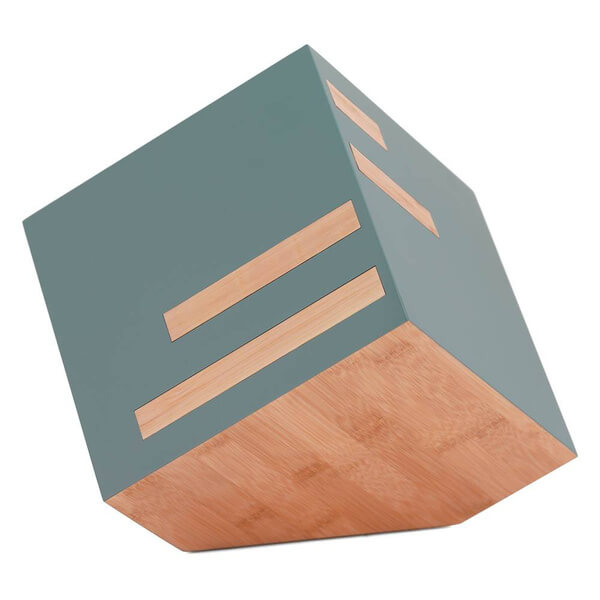 Modern cremation urn with a cube-like design, featuring sage green sides with horizontal bamboo inlays and a natural bamboo base.