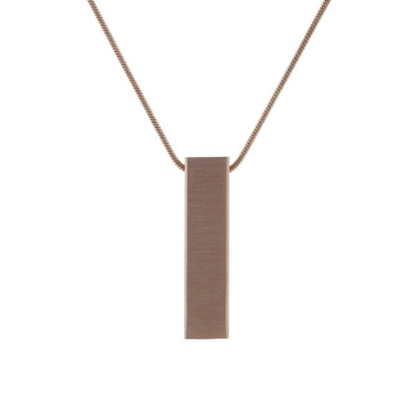 Vertical bar pendant with a rose gold finish and three cubic zirconia accents, designed to hold a small amount of ashes. Includes a chain.