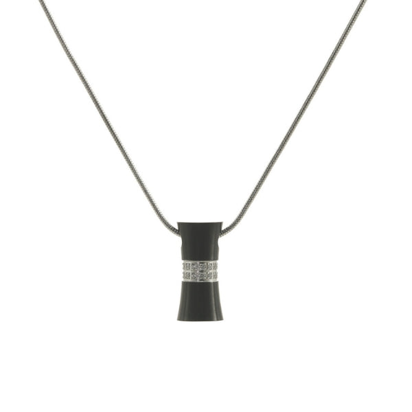 Hourglass-shaped pendant with an onyx finish and cubic zirconia accents, designed to hold a small amount of ashes. Includes a chain.