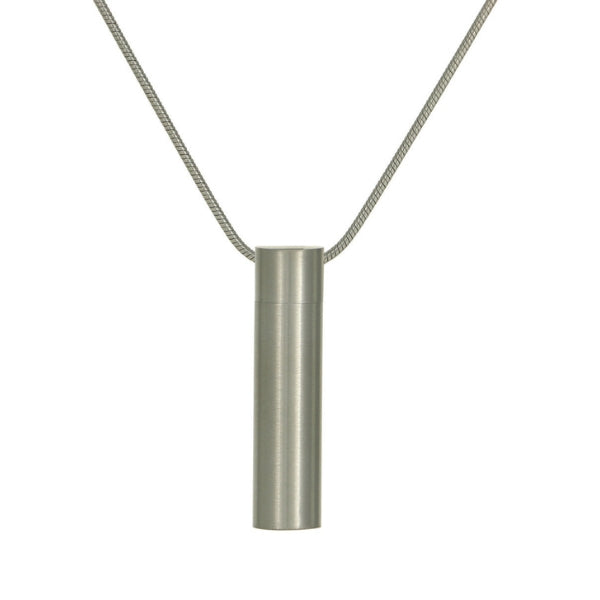 Simple cylinder pendant with a pewter finish, designed to hold a small amount of ashes. Includes a chain.