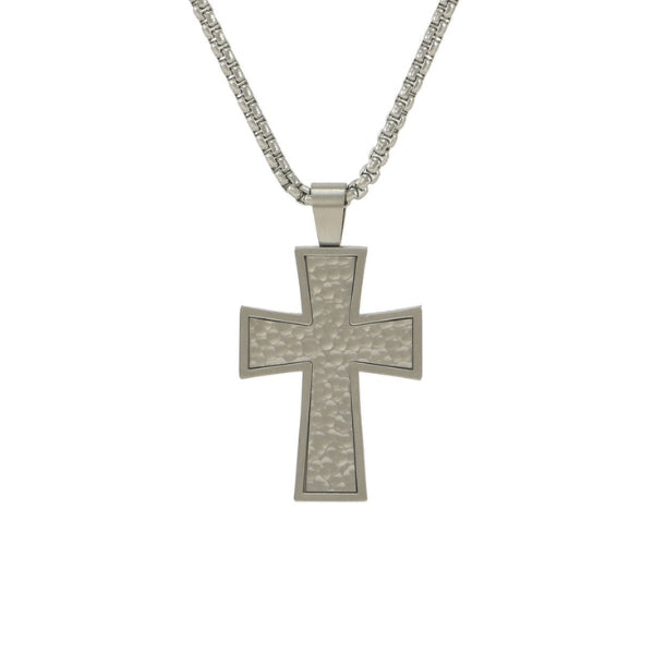 Pewter cross pendant on a chain, for holding ashes.