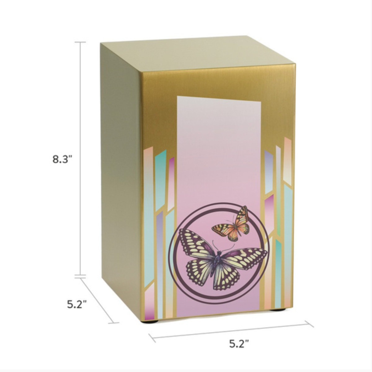 Adult cremation urn, bronze urn, butterfly design. The Life Canvas Butterflies Bronze urn is a full-size urn made from brushed stainless steel. It features a secure, threaded lid.