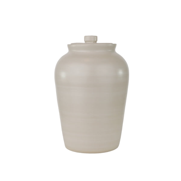 Classic urn with a modern shape and a calming beige color. Modern Classic Beach by Stoneware & Co.