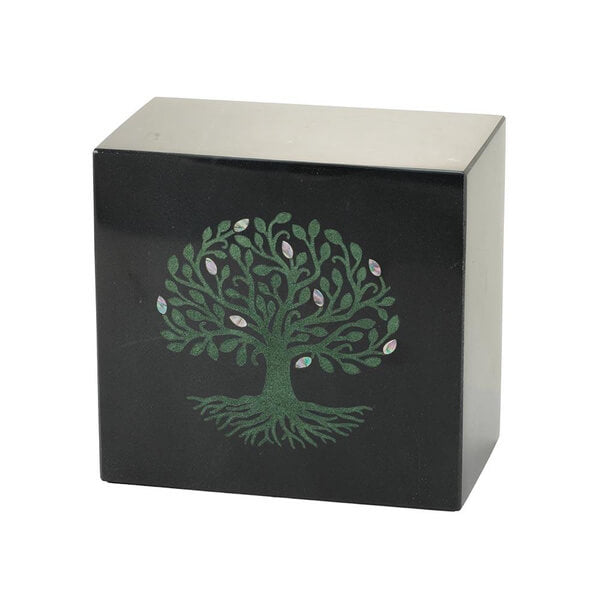Black marble cremation urn featuring a decorative inlay of a green tree with swirling branches and roots, accented with iridescent leaf-shaped details.