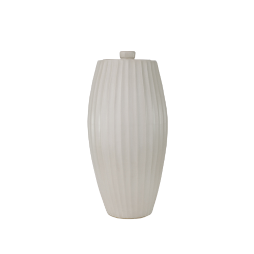 The Nouveau Groove Beach Memorial Urn by Stoneware & Co., a full-size ceramic urn in a calming beach beige hue. The design features a gently fluted surface, inspired by Art Nouveau aesthetics, creating an elegant yet modern tribute. The urn’s smooth, matte finish highlights its handcrafted quality, while the rounded lid adds a subtle finishing touch. Designed to hold the remains of a loved one weighing up to 210 lbs, this urn offers a timeless and serene resting place.