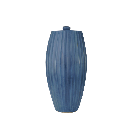 A full-size ceramic urn in sky blue from the exclusive Nouveau Groove collection for Magnolia Cremations by Stoneware & Co. The urn features a gracefully tapered silhouette with vertical ridges, inspired by the Art Nouveau style. Its soft blue glaze has subtle variations in tone, adding depth to its elegant design. The urn is set against a transparent background, emphasizing its refined craftsmanship.
