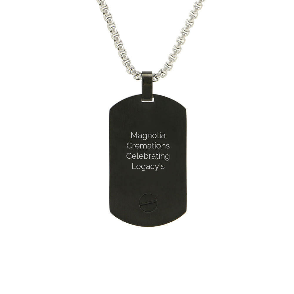 Engravable onyx dog tag pendant with a matching chain.