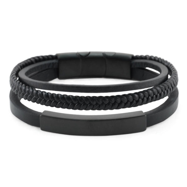 Onyx and black leather triple band bracelet, memorial keepsake with adjustable fit.