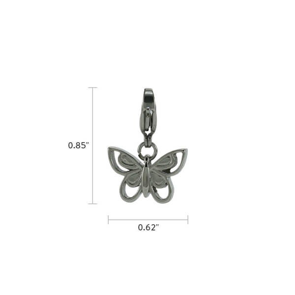 The Petite Butterfly Charm, available at Magnolia Cremations, is a dainty silver keepsake designed to honor transformation and remembrance. This stainless steel charm, measuring approximately 0.85 inches in height and 0.62 inches in width, is perfect for a bracelet or necklace. It features a discreet compartment to hold a nominal amount of ashes, providing a meaningful tribute to a loved one.