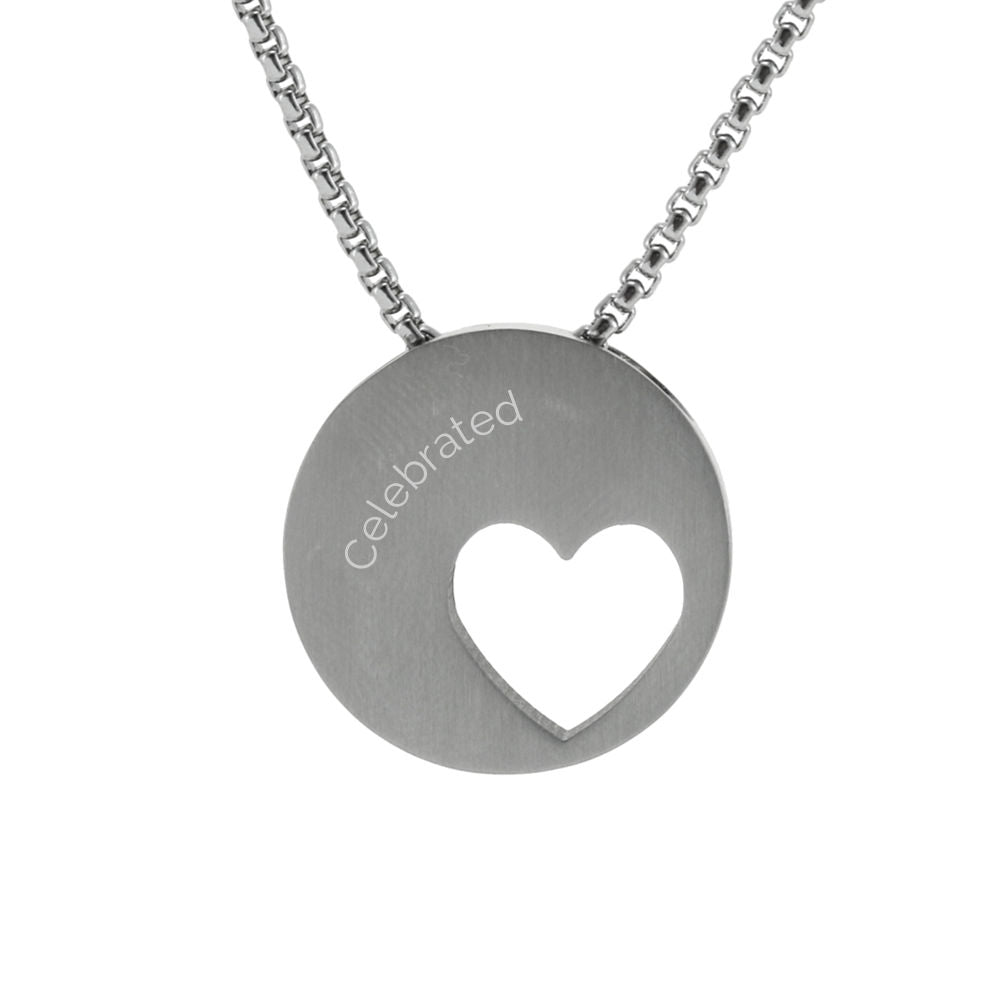 Small pewter heart pendant with an engraved infinity symbol and a delicate chain.