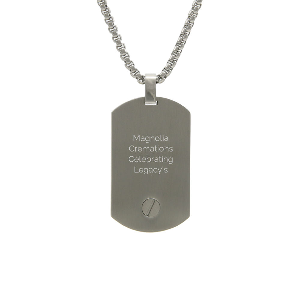 Engravable pewter dog tag pendant with a matching chain.