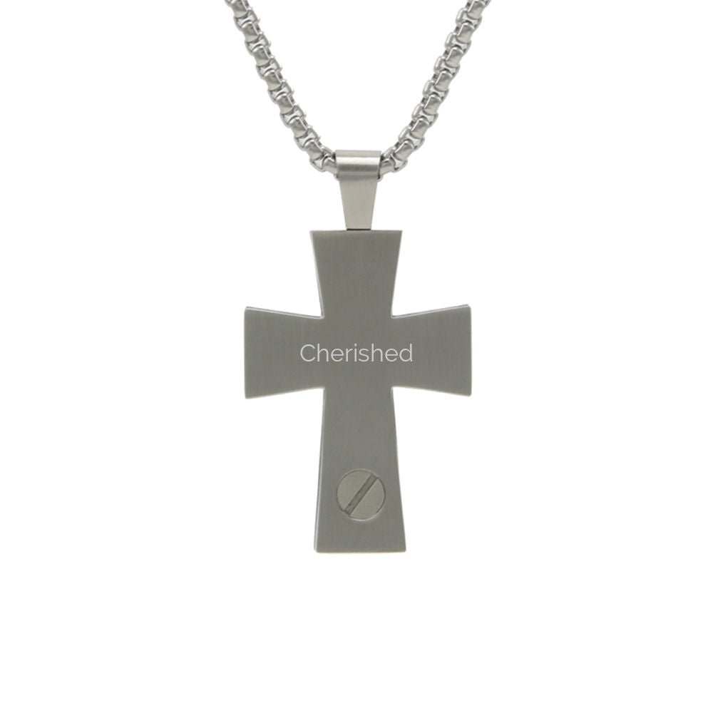 Textured pewter cross pendant with a matching chain.