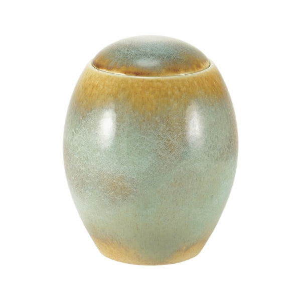 Ceramic urn with a unique speckled glaze in shades of blue. Serene Reflections Ocean Blue by Terrybear.