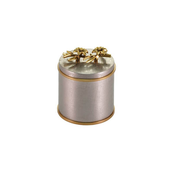 Small cylindrical keepsake urn with a brushed silver finish, accented by gold bands at the top and bottom, and featuring two gold sculpted flowers on the lid.