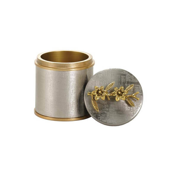 Small cylindrical keepsake urn with the lid removed and placed beside it. The urn has a brushed silver finish with gold trim and features two gold sculpted flowers with leaves on the lid.