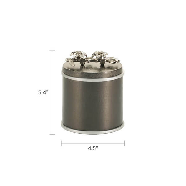 Dark metallic keepsake urn with silver floral decoration on the lid, shown against a white background with dimensions marked as 5.4 inches tall and 4.5 inches wide.