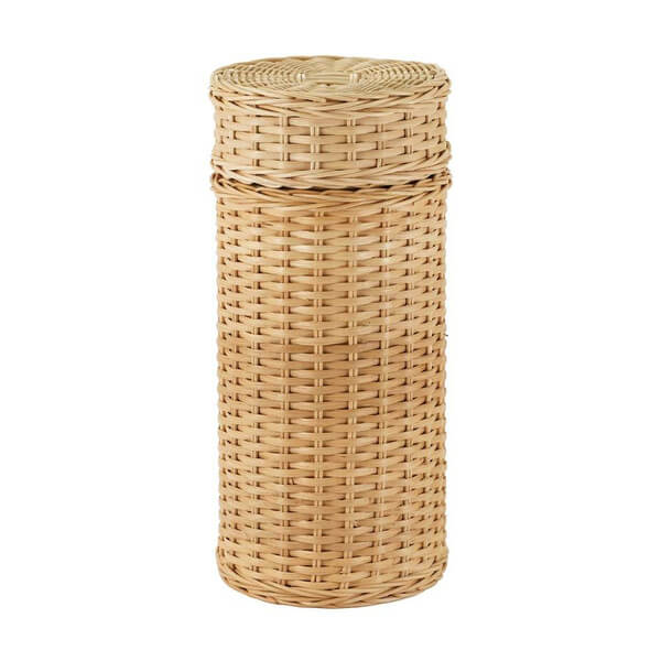 Cylindrical rattan scattering urn with a tightly woven natural finish and a fitted lid on top.