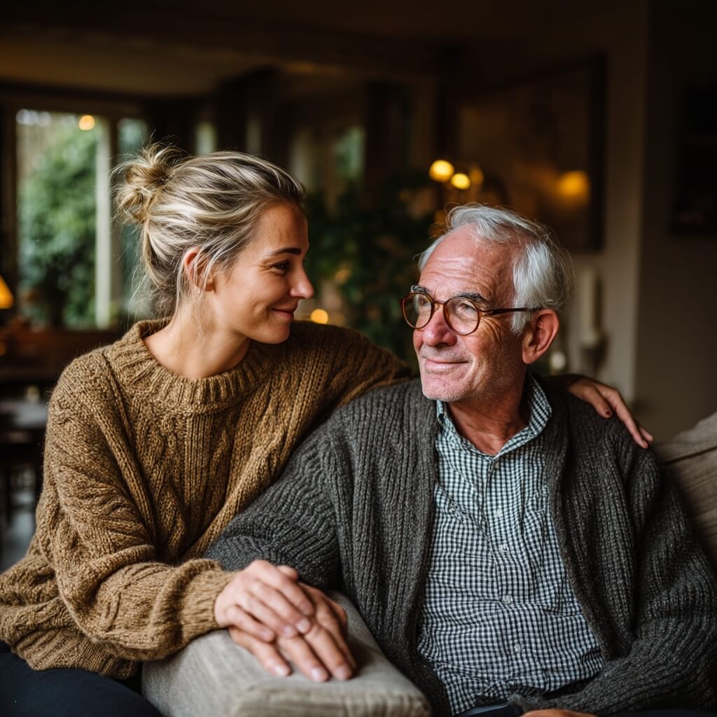 A young woman and an elderly man sit closely together on a cozy sofa in a warmly lit living room. The woman, wearing a chunky brown sweater, smiles warmly at the man, who wears glasses, a checked shirt, and a dark cardigan. They are holding hands affectionately, suggesting a close and loving relationship, possibly between a granddaughter and her grandfather. Soft lighting and blurred greenery are visible in the background.