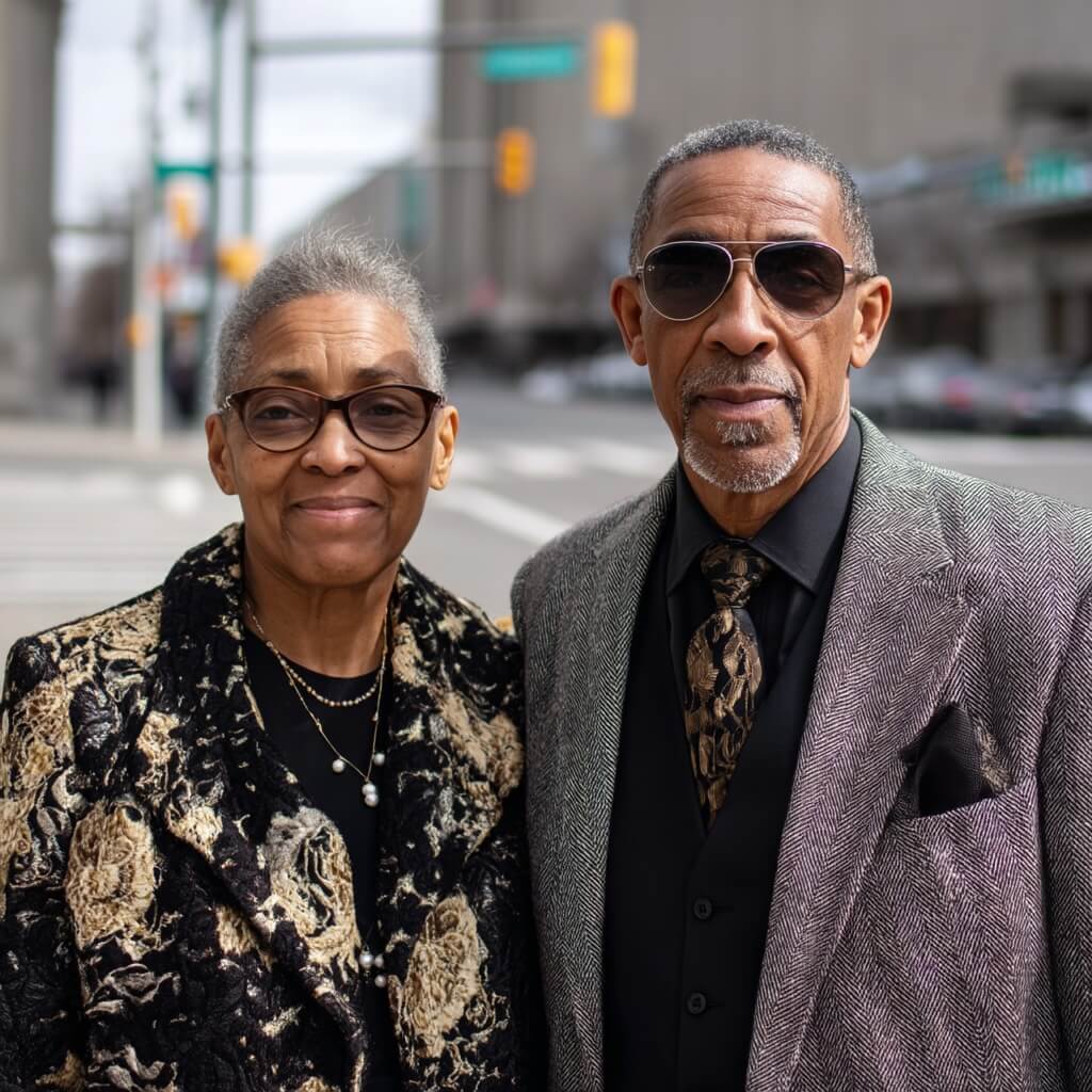 An older couple stands together outdoors on a city street, posing for the camera. The woman wears glasses and a patterned black and gold jacket with layered necklaces, smiling gently. The man, wearing sunglasses, a grey patterned blazer, a black shirt, and a patterned tie, has a serious but warm expression. Blurred urban buildings and traffic lights are visible in the background.