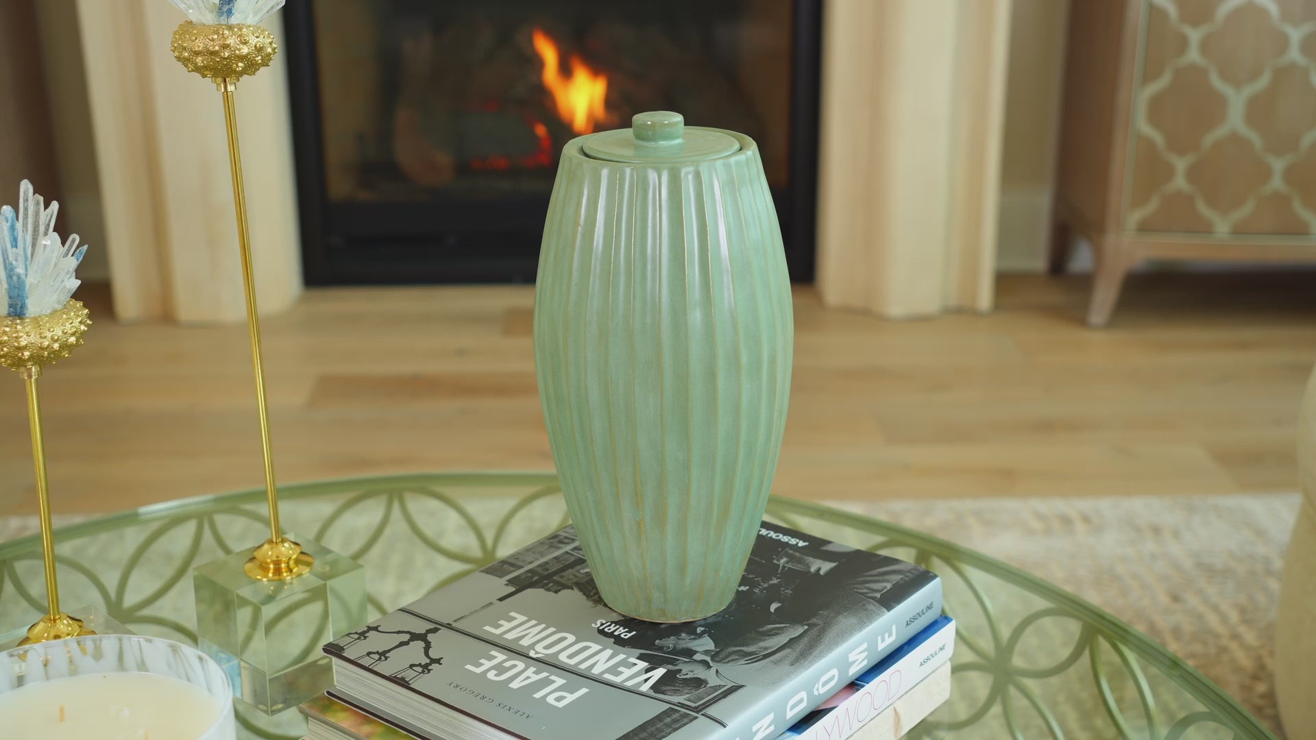 Art Nouveau style urn with a unique groove design and a calming green color. Nouveau Groove Forest by Stoneware & Co.