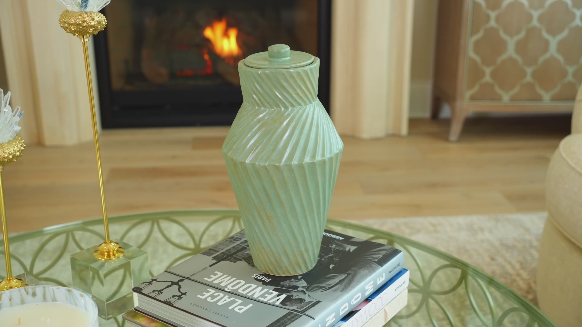 Tall urn with a textured, grooved surface and a soothing green finish. Deco Twist Forest.