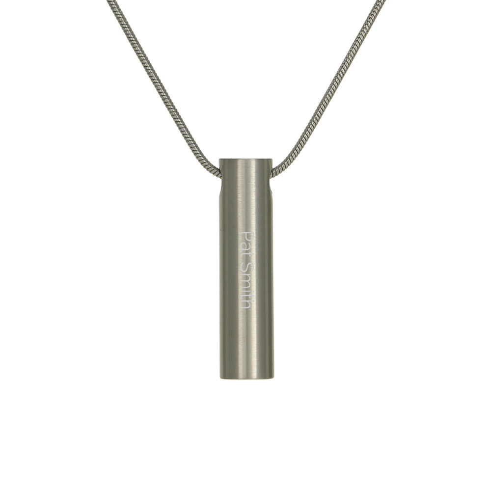 Pewter cylinder necklace with a delicate chain.