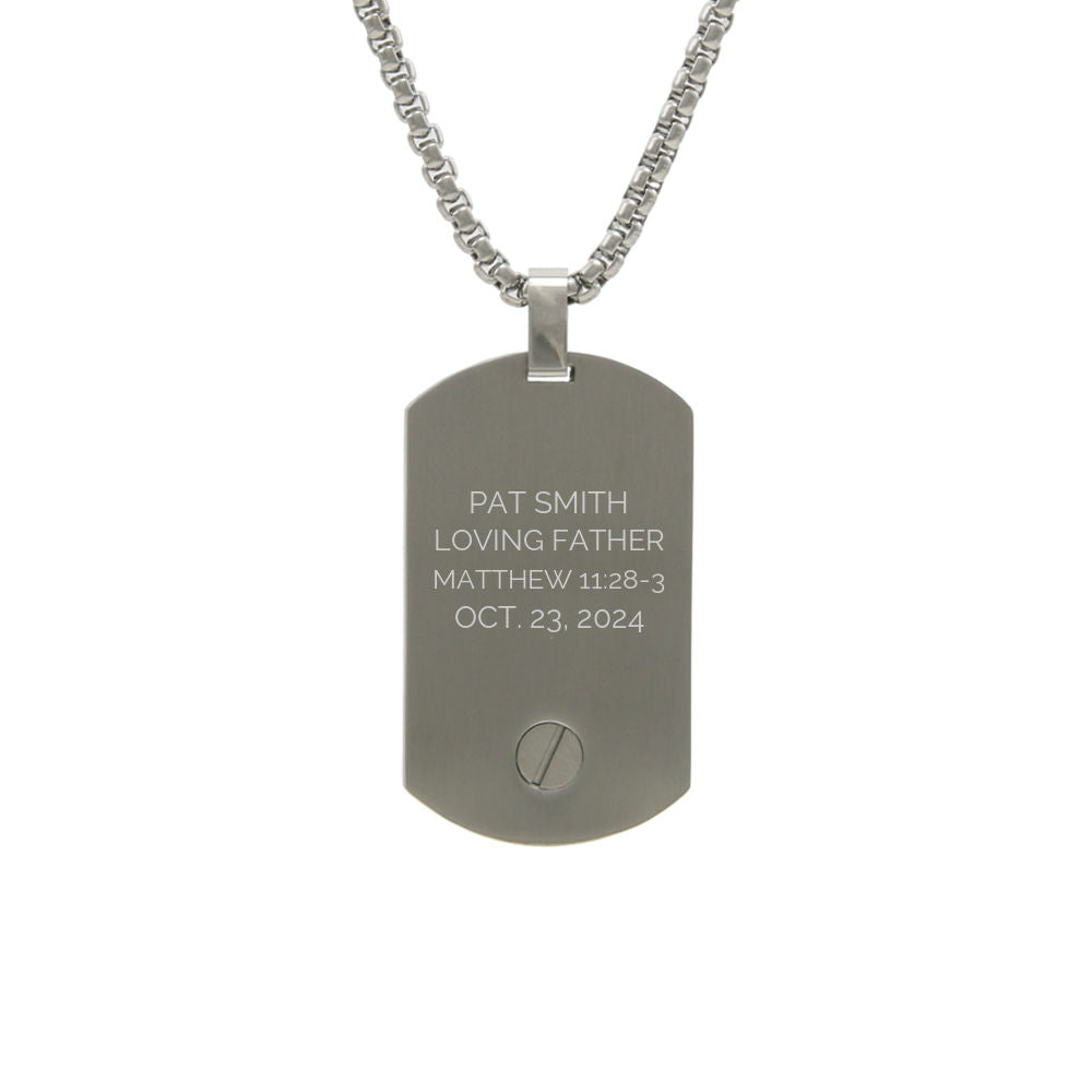 Pewter dog tag necklace with a delicate chain.